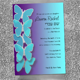 Small Bat Mitzvah Dimensional Butterfly Turquoise Purple Invitation Front View