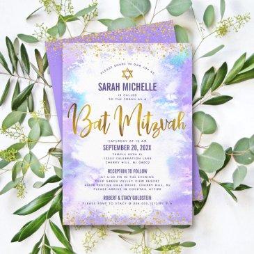 bat mitzvah gold glitter purple watercolor 2 venue invitation