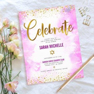 bat mitzvah modern girly gold foil pink watercolor enclosure invitations