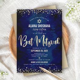 Small Bat Mitzvah Modern Navy Gold Foil Glitter Script Invitation Front View
