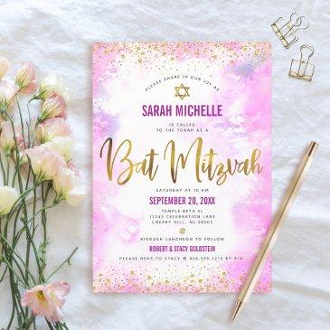 bat mitzvah modern pink watercolor gold glitter invitation