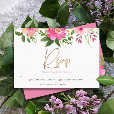 bat mitzvah pink watercolor floral gold script rsvp invitations