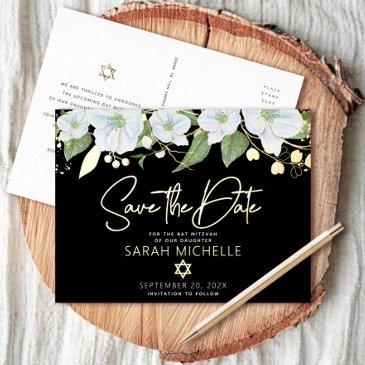 bat mitzvah save the date floral black real gold foil invitation postinvitations