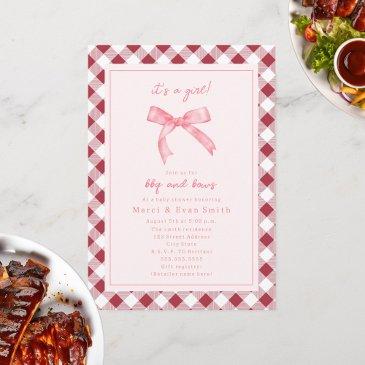 bbq and bows gingham girl baby shower invitation