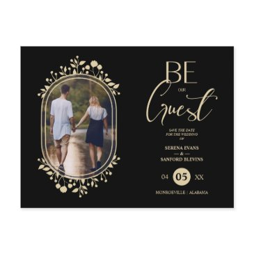 be our guest black wedding chic floral frame photo announcement postinvitations