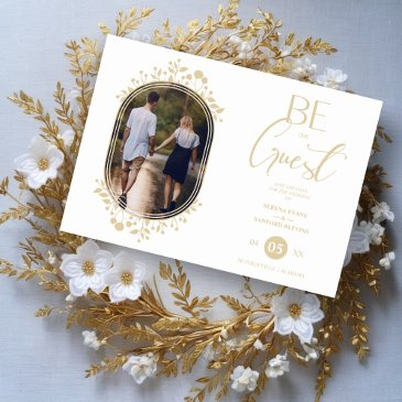 be our guest white wedding chic floral frame photo save the date