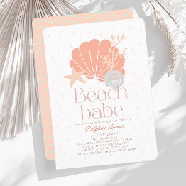 Small Beach Babe Seashell Pink Girl Baby Shower Invitation Front View