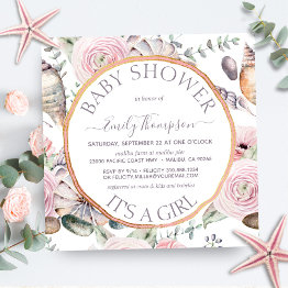 Small Beach Bouquet Seashell Rose Gold Girl Baby Shower Invitation Front View