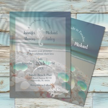 beach destination elegant sea glass wedding invitation