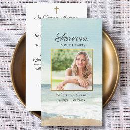 Small Beach Ocean Photo Funeral Memorial Prayer Invitations Front View