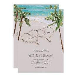 Small Beach Sand Hearts Tropical Palm | Modern Wedding Invitation Front View