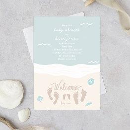 Small Beach Waves Footprints Blue Boy Baby Shower Invitation Front View