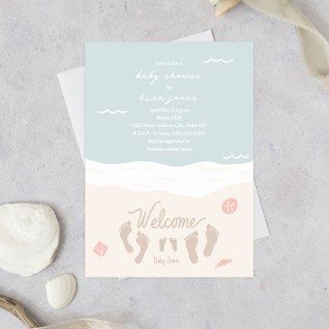 beach waves footprints pink girl baby shower invitation