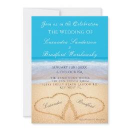 Small Beach Wedding 2 Hearts Sand Wedding Ocean Blue Inv Invitation Front View