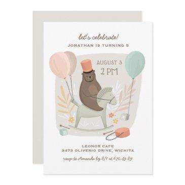 bear drummer on wooden horse. cute kids birthday invitation