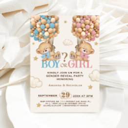 Small Bear Pink Blue Balloons Bearly Wait Gender Reveal Invitation Front View