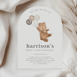 Small Bear With 3 Brown Balloons 1st Arch Birthday Invitation Front View