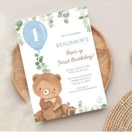 Small Bear-y First Birthday Boy 1st Cute Bear Balloons Invitation Front View