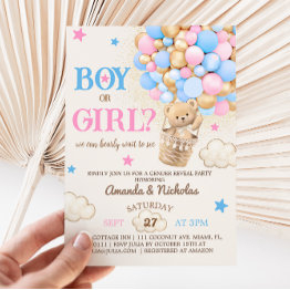 Small Bearly Wait Teddy Bear Balloons Gender Reveal Invitation Front View