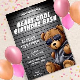 Small Beary Cool Hip Hop Teddy Bear First Birthday Party Invitation Front View