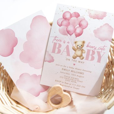 beary cute baby on the way pink teddy bear balloon invitation