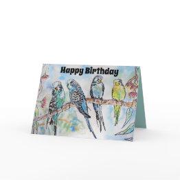 Small Beautiful Budgies Budgerigars And Gum Blossom Invitations Front View