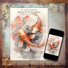 Small Beautiful Japanese Koi Fish Orange Beige Wedding Invitation Front View