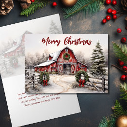 Small Beautiful Snowy Winter Rustic Red Barn Christmas Holiday Invitations Front View