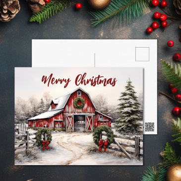 beautiful snowy winter rustic red barn christmas holiday postinvitations