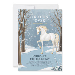 Small Beautiful Winter Forest Snowy White Horse Birthday Invitation Front View