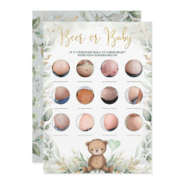 Small Beer Or Baby Belly Teddy Bear Greenery Shower Game Invitation Front View