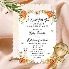 Small Bees And Spring Flowers | Bunny Girl Baby Sprinkle Invitation Front View