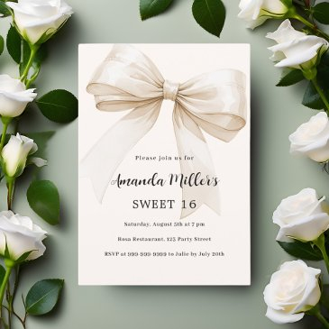 beige bow elegant sweet 16 invitation