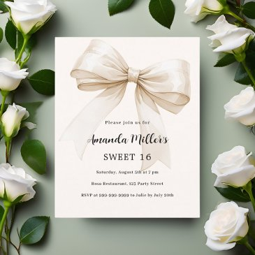 beige bow elegant sweet 16 invitation