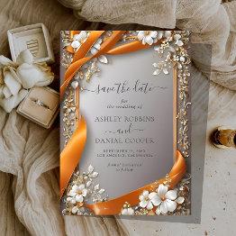 Small Beige Orange Ribbons Ornate Floral Save The Date Invitation Front View