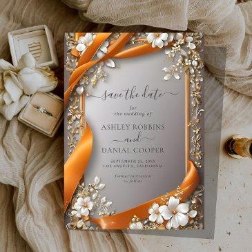 beige orange ribbons ornate floral save the date invitation