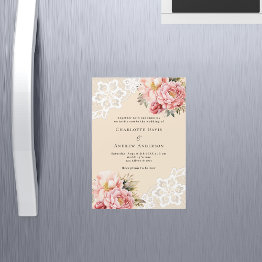 Small Beige Pink Rose Gold Florals Lace Premium Wedding Magnetic Invitation Front View