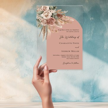 beige taupe roses pampas arch clear wedding acrylic invitations