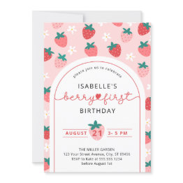 Small Berry First Birthday 1st Birthday Strawberry Photo Invitation Front View