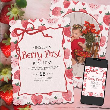 berry first coquette pink bow photo 1st birthday invitation