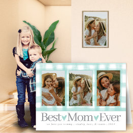 Small Best Mom Ever Photo Xoxo Heart Gingham Mothers Day Invitations Front View