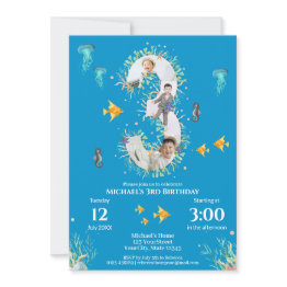 Small Big 3rd Photo Collage Birthday Under The Sea Invitation Front View