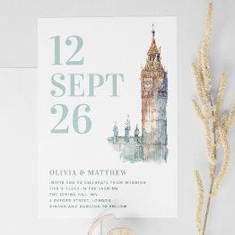 Small Big Ben / London Destination Wedding + Qr Photo Invitation Front View