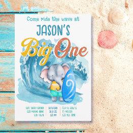 Small Big One Surfing Beach 1st Birthday Party E;ephant Invitation Front View
