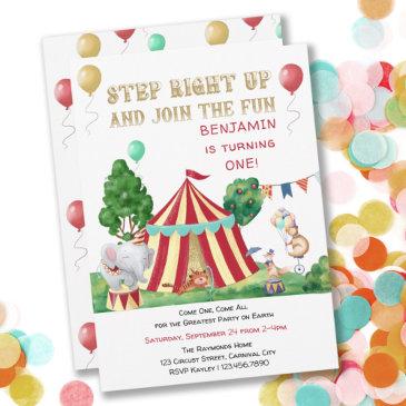 big top and circus animals 1st birthday invitation