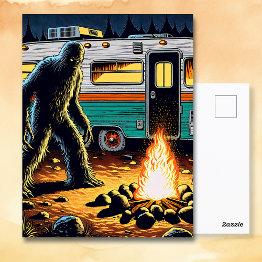 Small Bigfoot At Campfire And Retro Rv Postinvitations Front View
