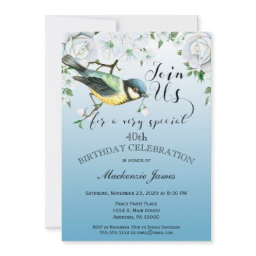 bird nature birthday party invitation blue floral