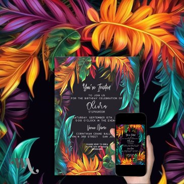 birthday | bold neon tropical foliage invitation