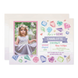 Small Birthday Gem Party Crystals Girl's Pastel Photo Invitation Front View