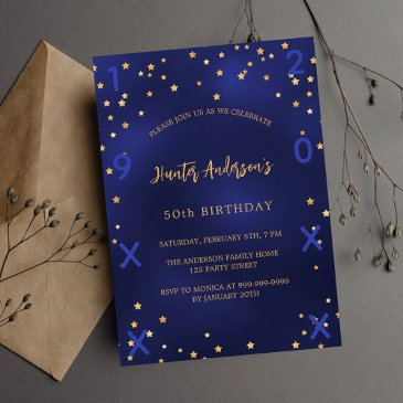 birthday navy blue gold stars birth year invitation postinvitations